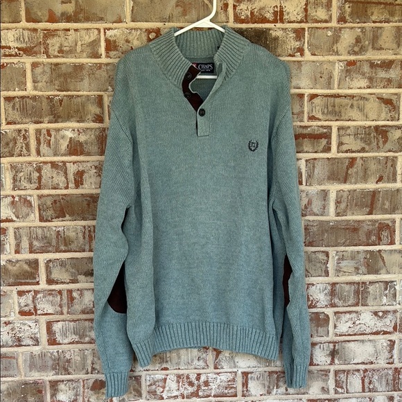 Chaps Light Green Mock Neck Button Up Elbow Patches Sweater - Picture 1 of 9